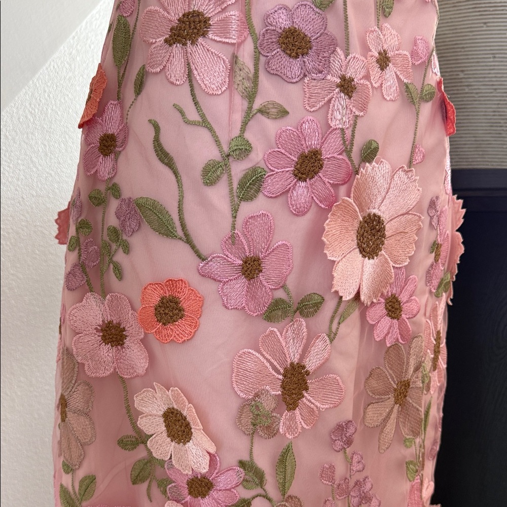 Lulus Pink Floral Embroidered Midi Dress, 3D Appliqué Halter Size: small - Picture 8 of 11